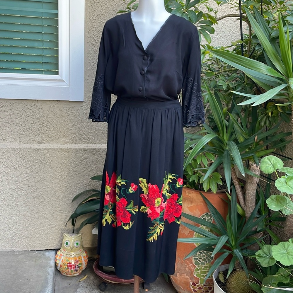 Vintage 60’s handmade with hand embroidery on black midi high waisted shirt